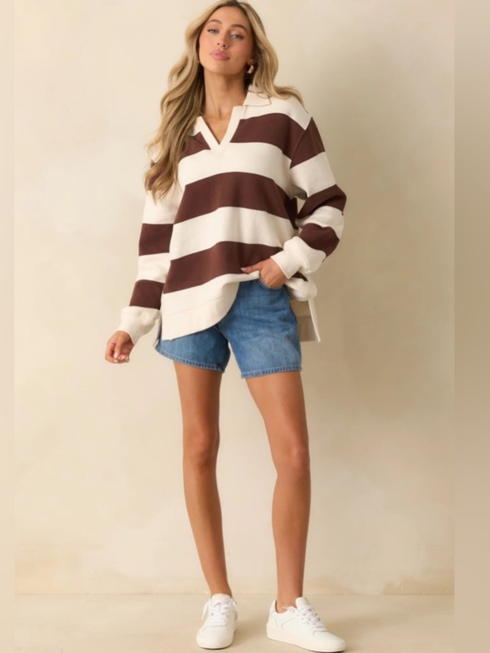 Z Supply Brown Stripe Cotton Rugby Brushed Fleece Henley top - Picture 2 of 8